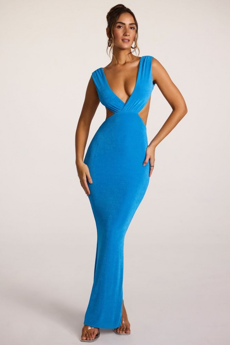 Oh Polly Heloisa Textured Jersey Plunge Neck Maxi Dress Maxi Dress Cobalt Blue | EKGR-38176