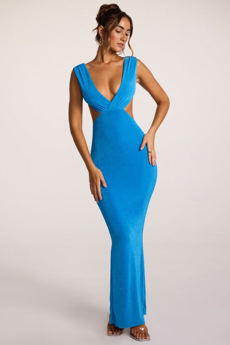 Oh Polly Heloisa Textured Jersey Plunge Neck Maxi Dress Maxi Dress Cobalt Blue | EKGR-38176