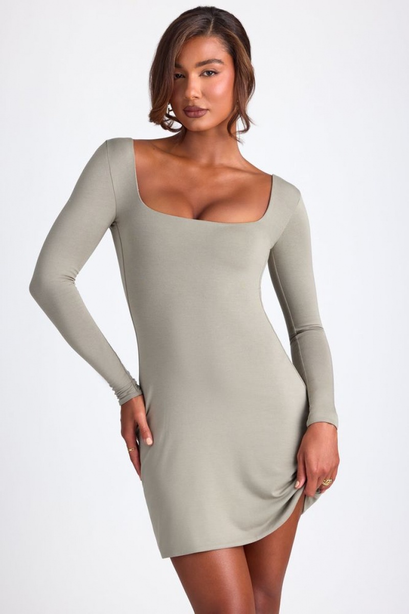 Oh Polly Hope Modal Square Neck Long Sleeve Mini Dress Mini Dress Sage Green | BOAV-30547