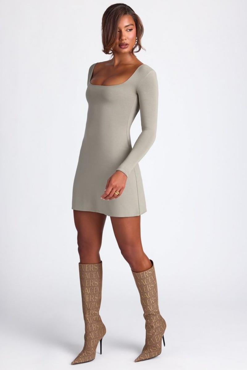 Oh Polly Hope Modal Square Neck Long Sleeve Mini Dress Mini Dress Sage Green | BOAV-30547