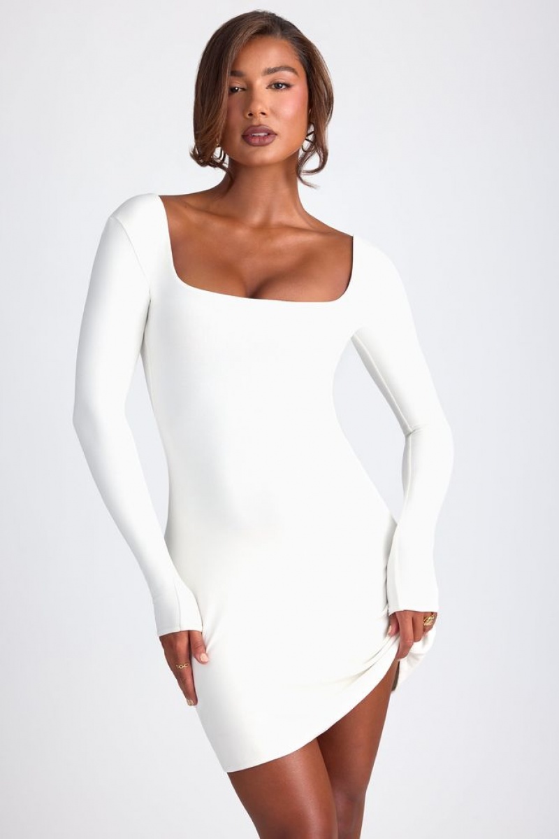 Oh Polly Hope Modal Square Neck Long Sleeve Mini Dress Mini Dress White | IMRK-82645