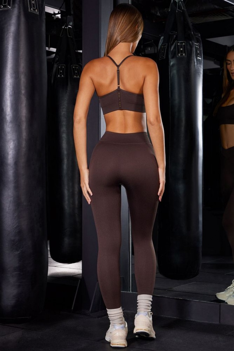 Oh Polly In Control High Waist Ribbed Leggings Gym Leggings Brown | XFAT-15849