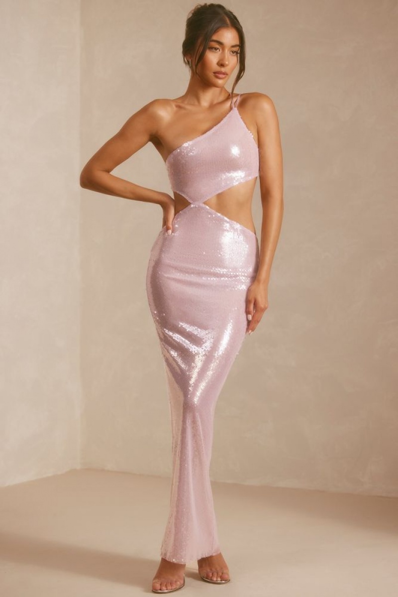 Oh Polly Isabel Sheer Sequin One Shoulder Cut Out Maxi Dress Maxi Dress Lilac | LZIQ-09624