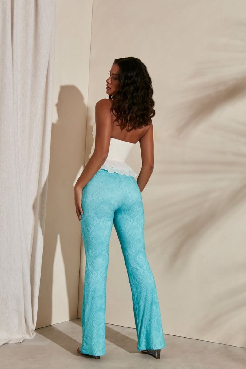 Oh Polly Itsaso Detail Flare Trousers Women's Trousers Teal Print | JKMC-24560