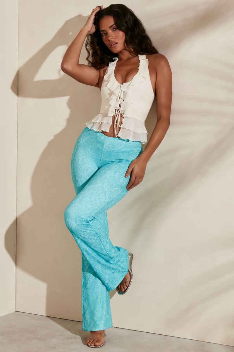 Oh Polly Itsaso Detail Flare Trousers Women's Trousers Teal Print | JKMC-24560