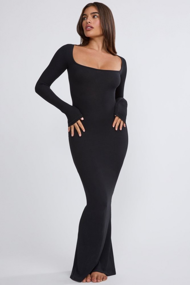 Oh Polly Jude Ribbed Modal Long Sleeve Maxi Dress Maxi Dress Black | OLEF-40789