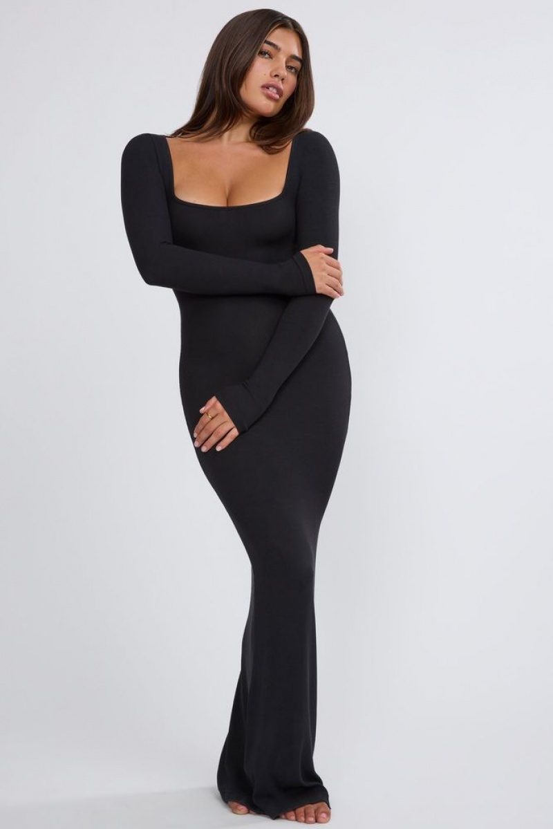 Oh Polly Jude Ribbed Modal Long Sleeve Maxi Dress Maxi Dress Black | OLEF-40789