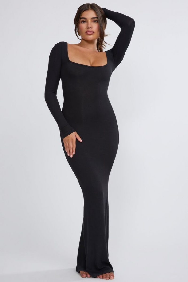 Oh Polly Jude Ribbed Modal Long Sleeve Maxi Dress Maxi Dress Black | OLEF-40789