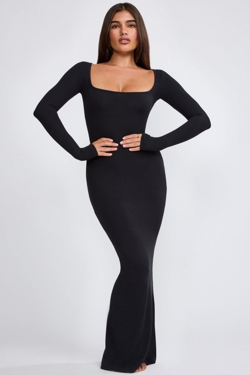 Oh Polly Jude Ribbed Modal Long Sleeve Maxi Dress Maxi Dress Black | OLEF-40789