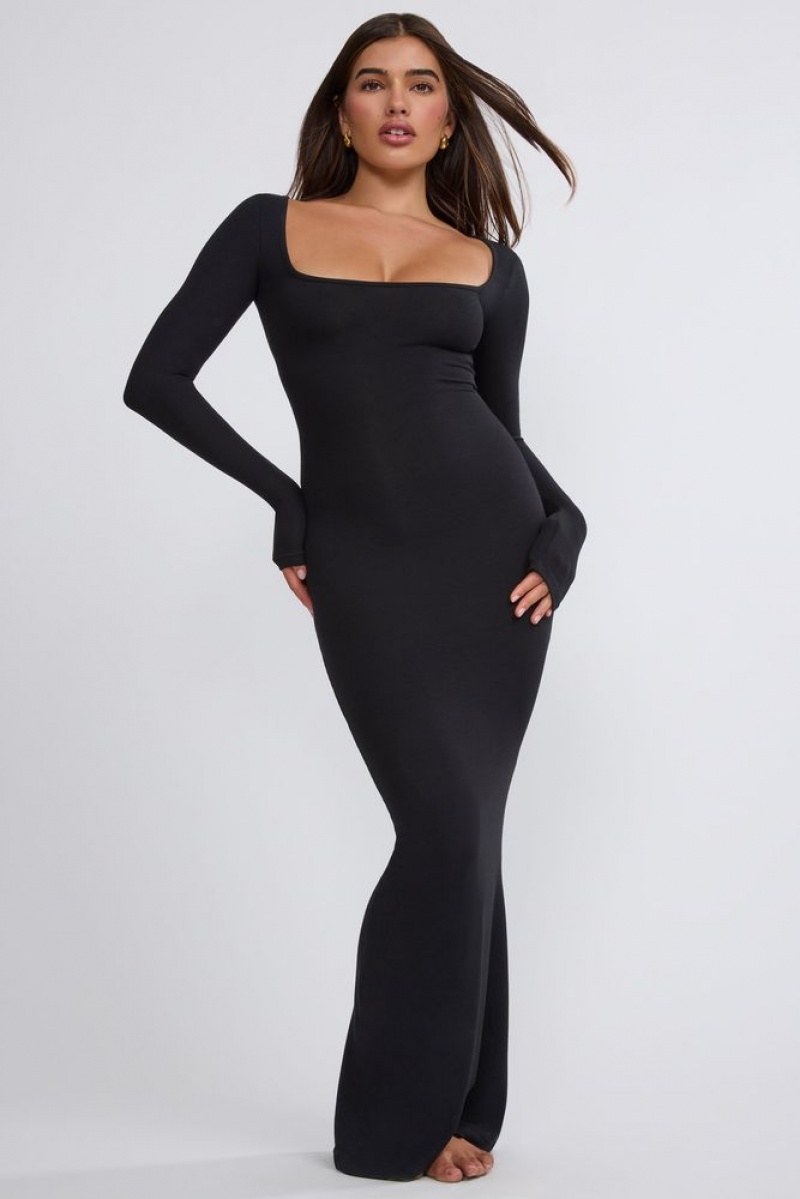 Oh Polly Jude Ribbed Modal Long Sleeve Maxi Dress Maxi Dress Black | OLEF-40789