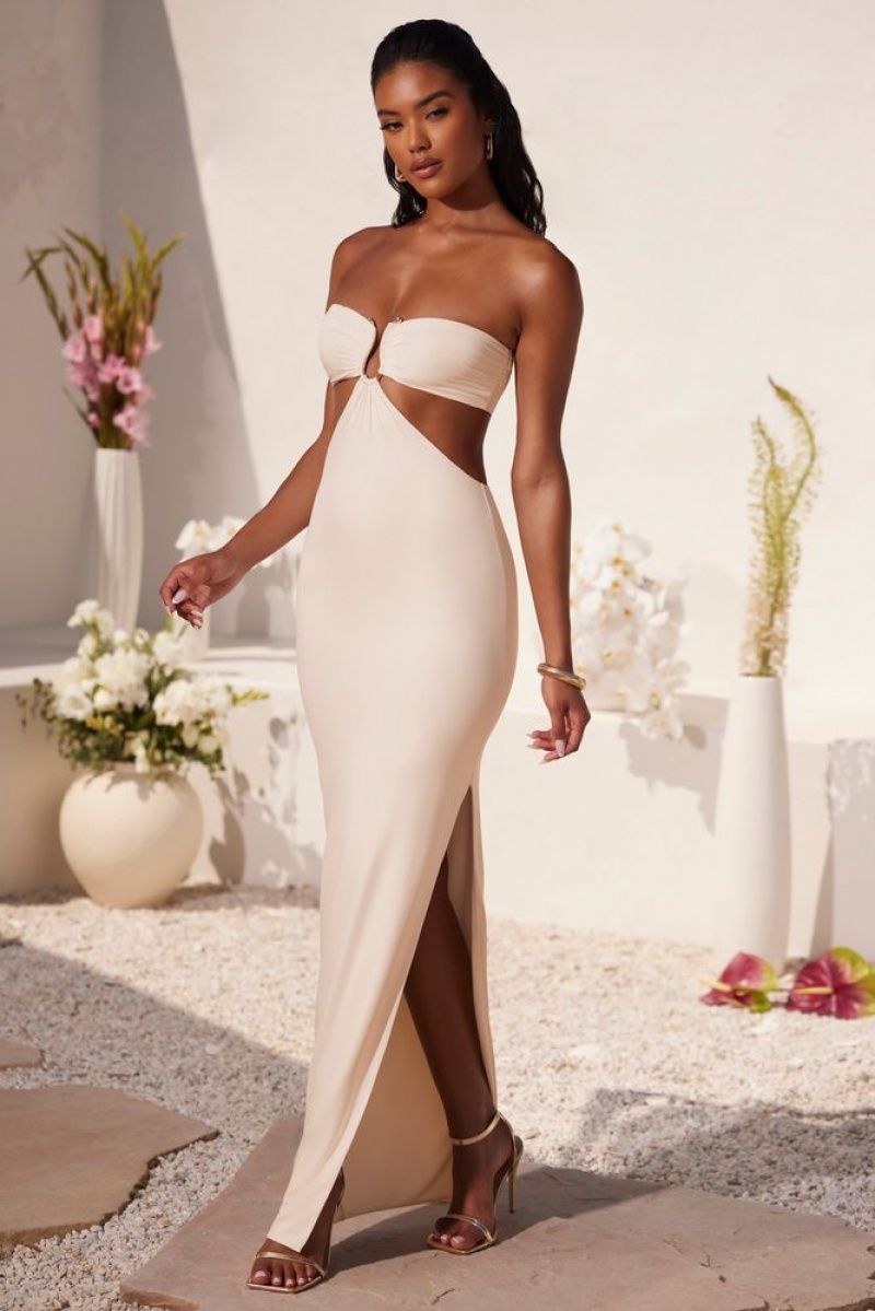 Oh Polly Juniper Ruched Hardware Detail Bandeau Floor Length Dress Maxi Dresses Ivory | HZFP-76953