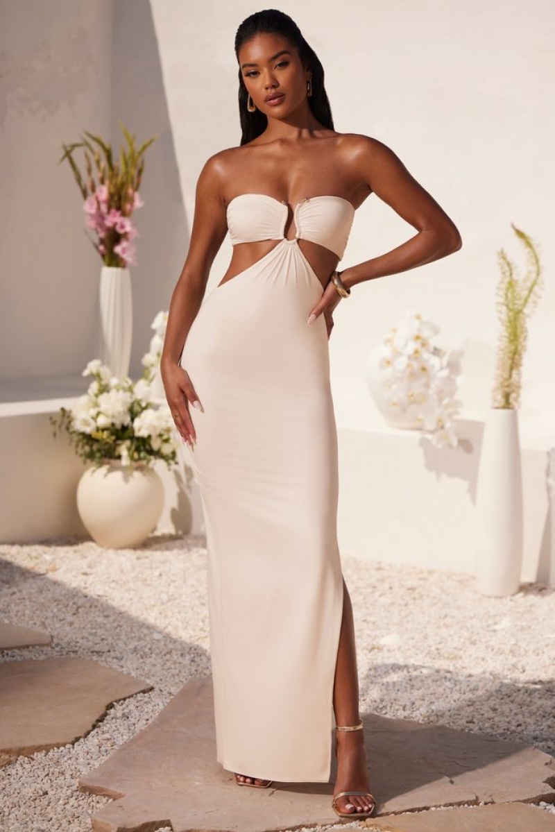 Oh Polly Juniper Ruched Hardware Detail Bandeau Floor Length Dress Maxi Dresses Ivory | HZFP-76953