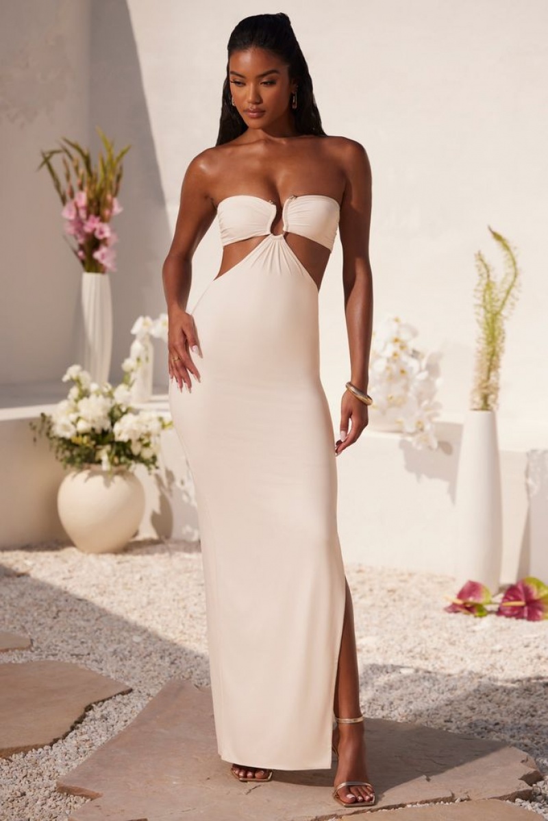 Oh Polly Juniper Ruched Hardware Detail Bandeau Floor Length Dress Maxi Dresses Ivory | HZFP-76953