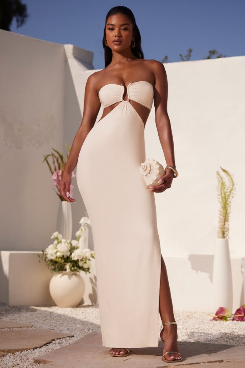 Oh Polly Juniper Ruched Hardware Detail Bandeau Floor Length Dress Maxi Dresses Ivory | HZFP-76953