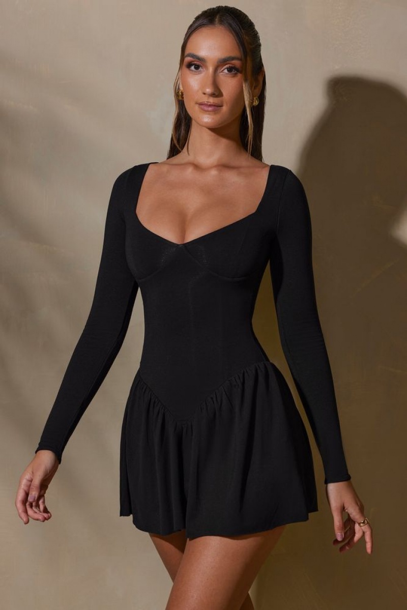 Oh Polly Keziah Long Sleeve Layered A-Line Mini Dress Mini Dress Black | DFCR-38567