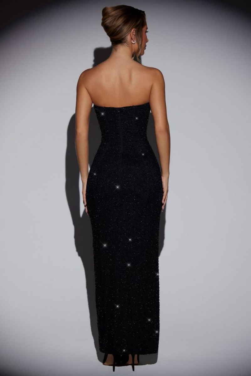 Oh Polly La Rochette Embellished Bandeau Cowl Neck Maxi Dress Maxi Dress Black | UTIB-25143