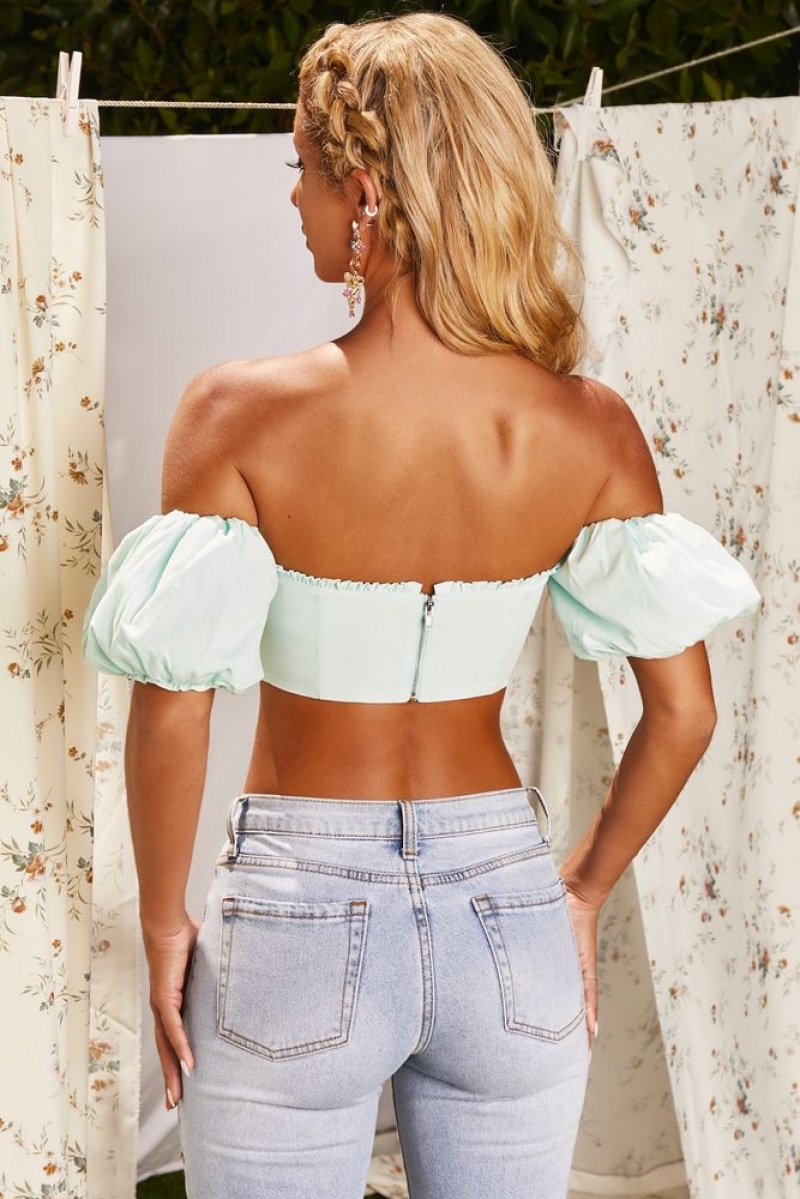 Oh Polly Lace To Lace Bardot Puff Sleeve Crop Top Bo+Tee Tops Mint | HJTK-17682