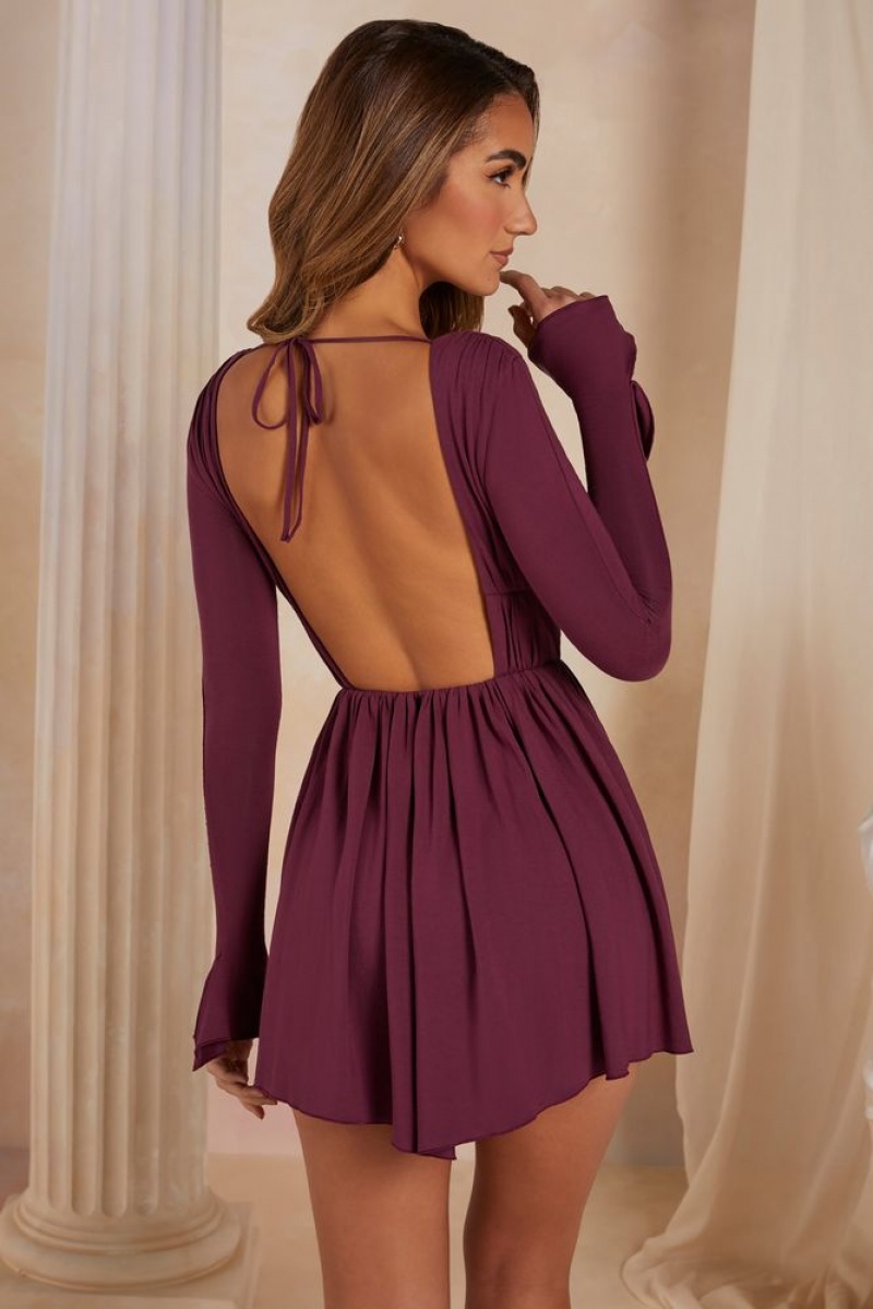 Oh Polly Lara A-Line Plunge Neck Long Sleeve Mini Dress Mini Dress Plum | RJDS-68951