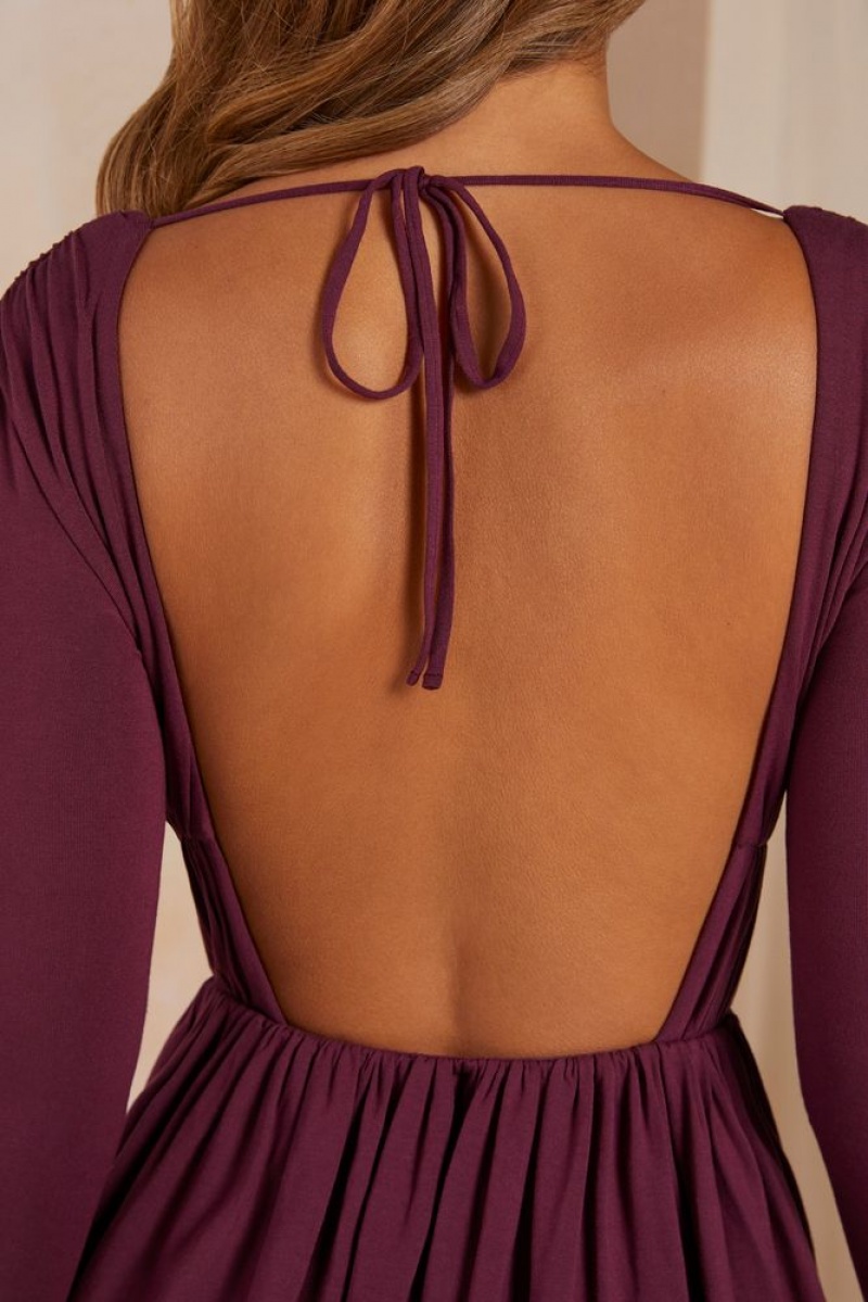 Oh Polly Lara A-Line Plunge Neck Long Sleeve Mini Dress Mini Dress Plum | RJDS-68951