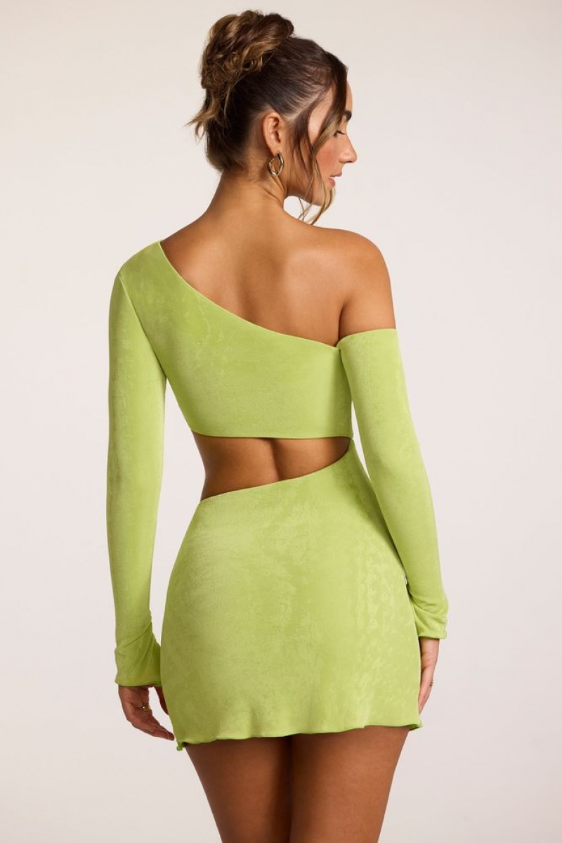 Oh Polly Leni Textured Jersey Asymmetric Cut Out Mini Dress Mini Dress Lime | UESI-46538