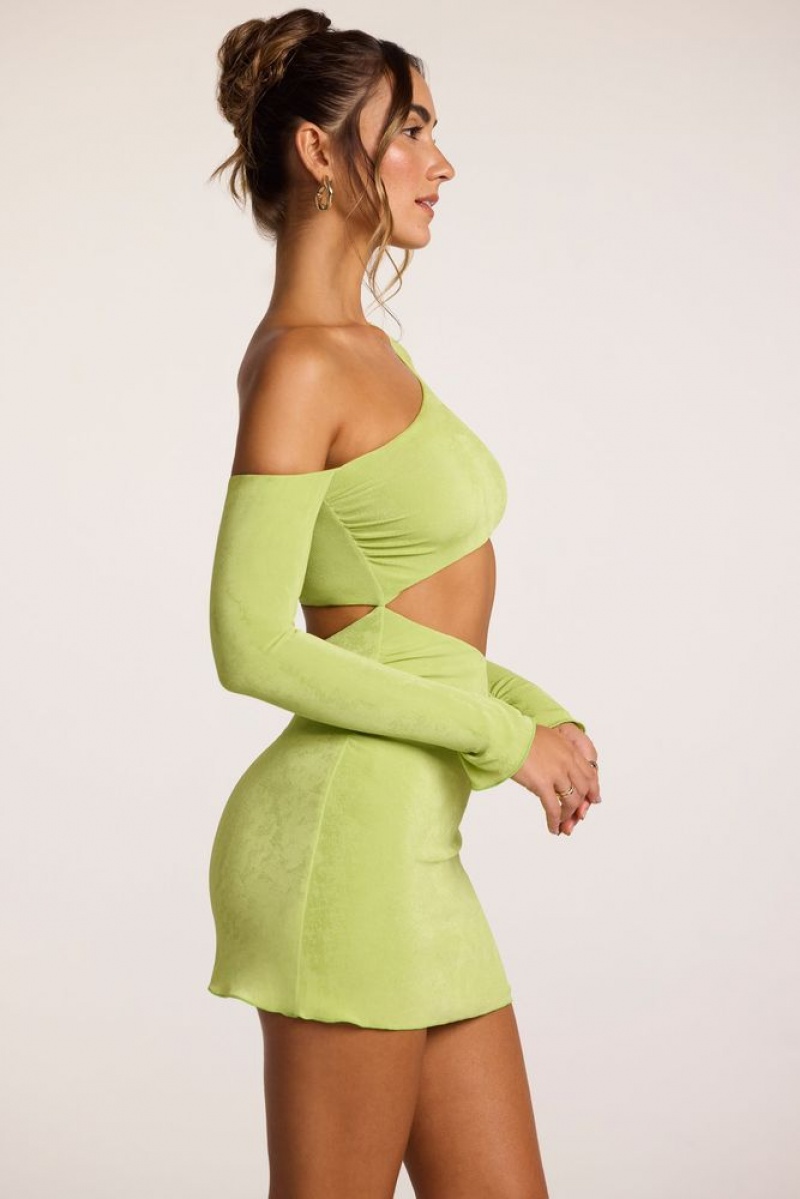 Oh Polly Leni Textured Jersey Asymmetric Cut Out Mini Dress Mini Dress Lime | UESI-46538