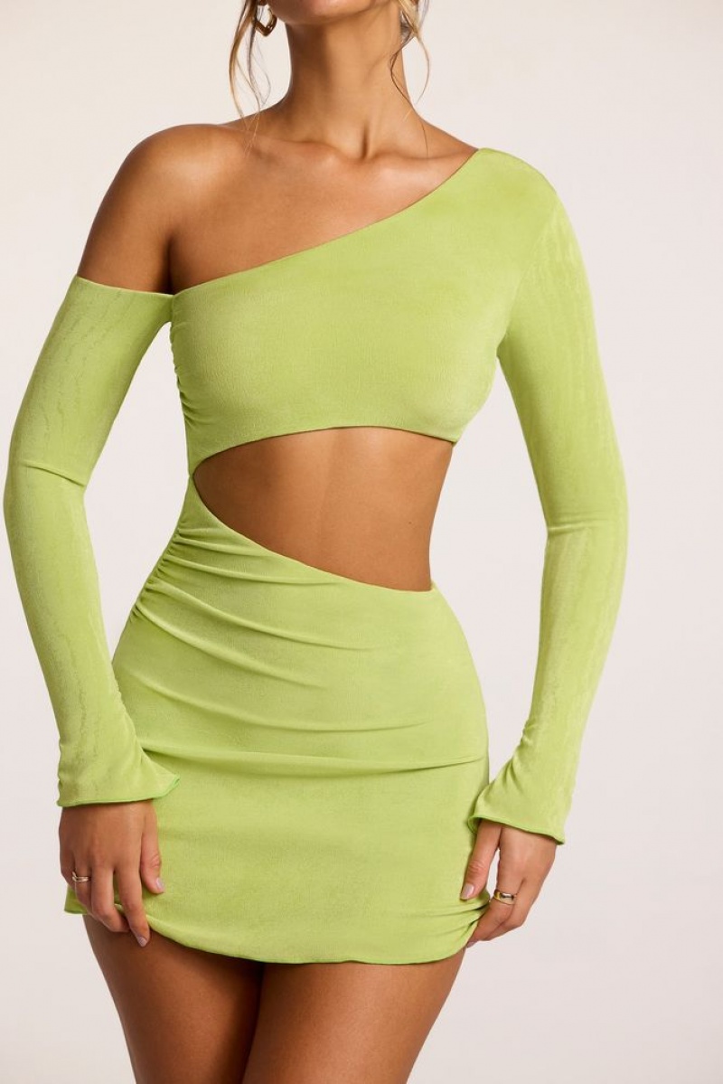 Oh Polly Leni Textured Jersey Asymmetric Cut Out Mini Dress Mini Dress Lime | UESI-46538