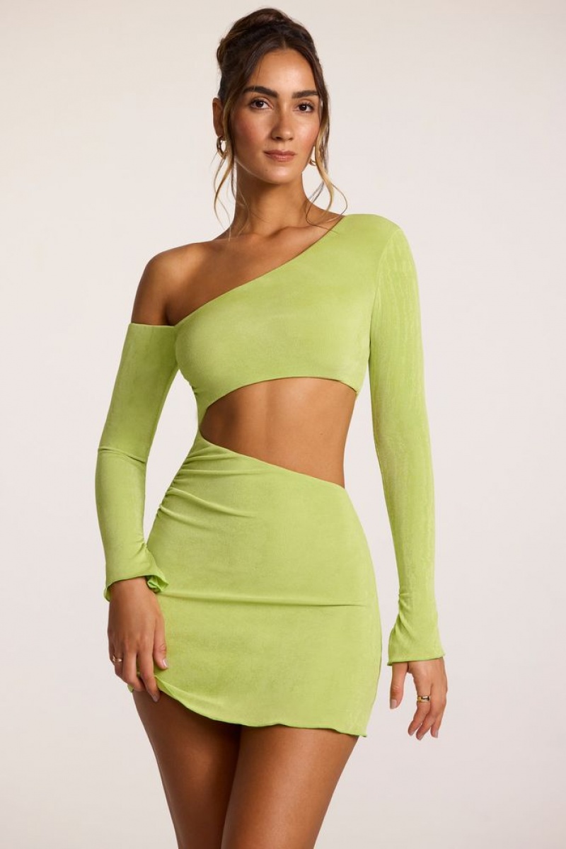 Oh Polly Leni Textured Jersey Asymmetric Cut Out Mini Dress Mini Dress Lime | UESI-46538