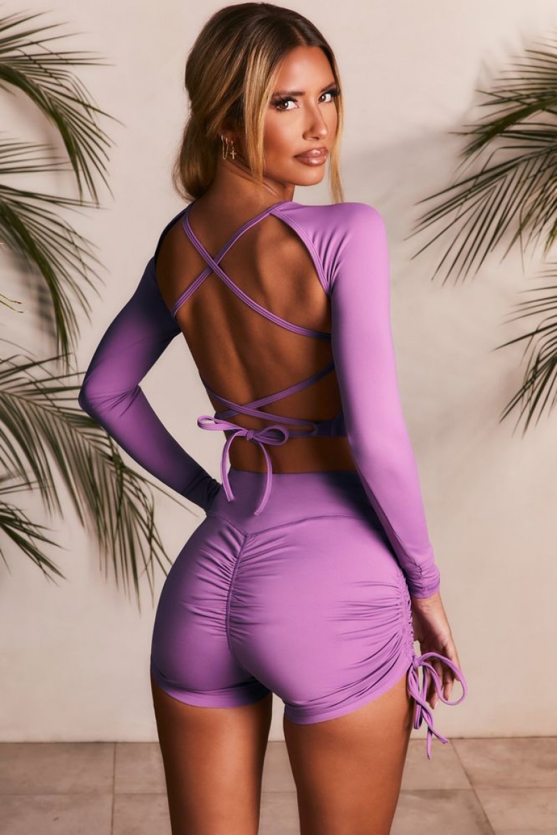 Oh Polly Lifestyle Slinky Long Sleeve Tie Back Crop Top Bo+Tee Tops Purple | ZCRO-47203