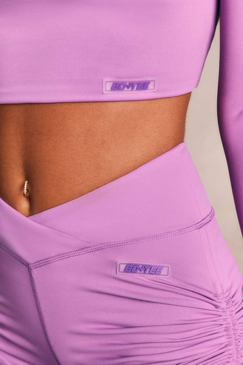 Oh Polly Lifestyle Slinky Long Sleeve Tie Back Crop Top Bo+Tee Tops Purple | ZCRO-47203