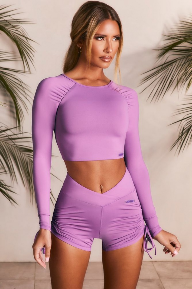 Oh Polly Lifestyle Slinky Long Sleeve Tie Back Crop Top Bo+Tee Tops Purple | ZCRO-47203