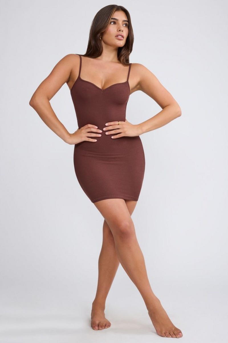 Oh Polly Lira Ribbed Modal Mini Dress Mini Dress Chocolate | QAKJ-45386