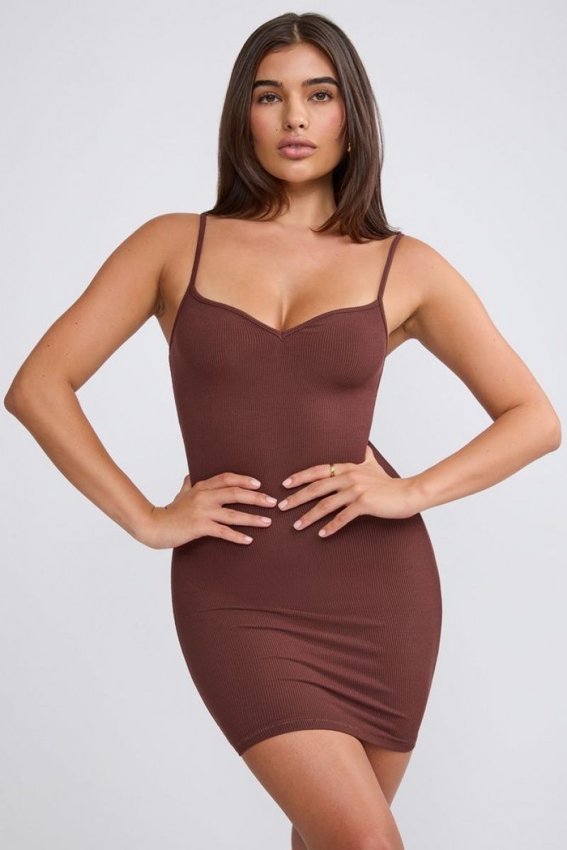 Oh Polly Lira Ribbed Modal Mini Dress Mini Dress Chocolate | QAKJ-45386