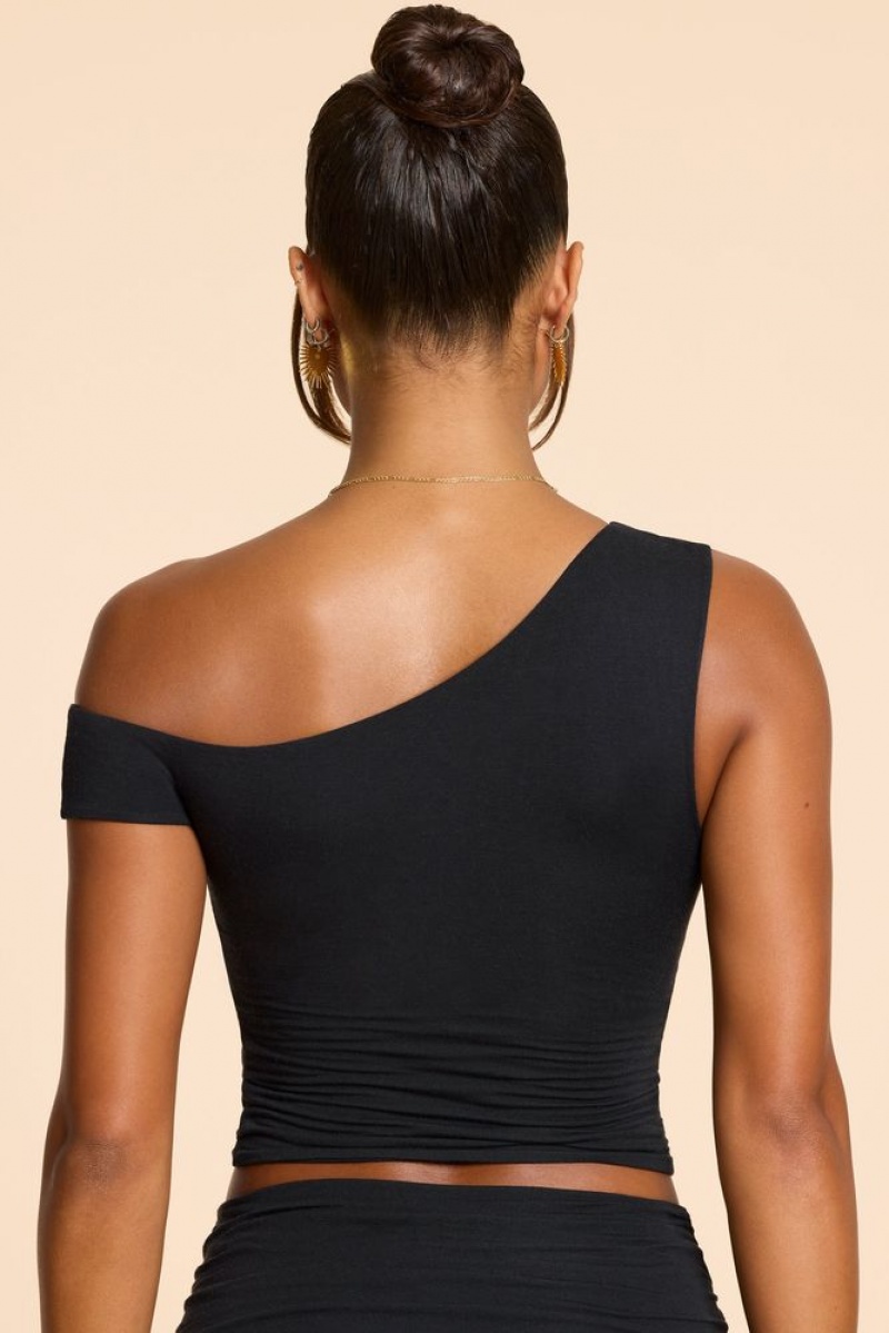 Oh Polly Lula Asymmetric Neck Ruched Modal Cashmere Blend Top Womens Tops Black | CSEF-25496