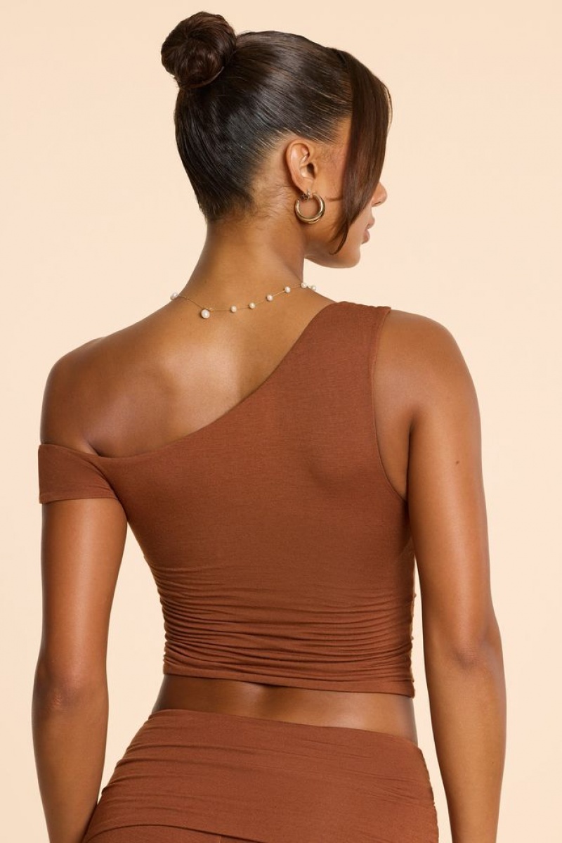 Oh Polly Lula Asymmetric Neck Ruched Modal Cashmere Blend Top Womens Tops Chestnut Brown | BAWL-04758