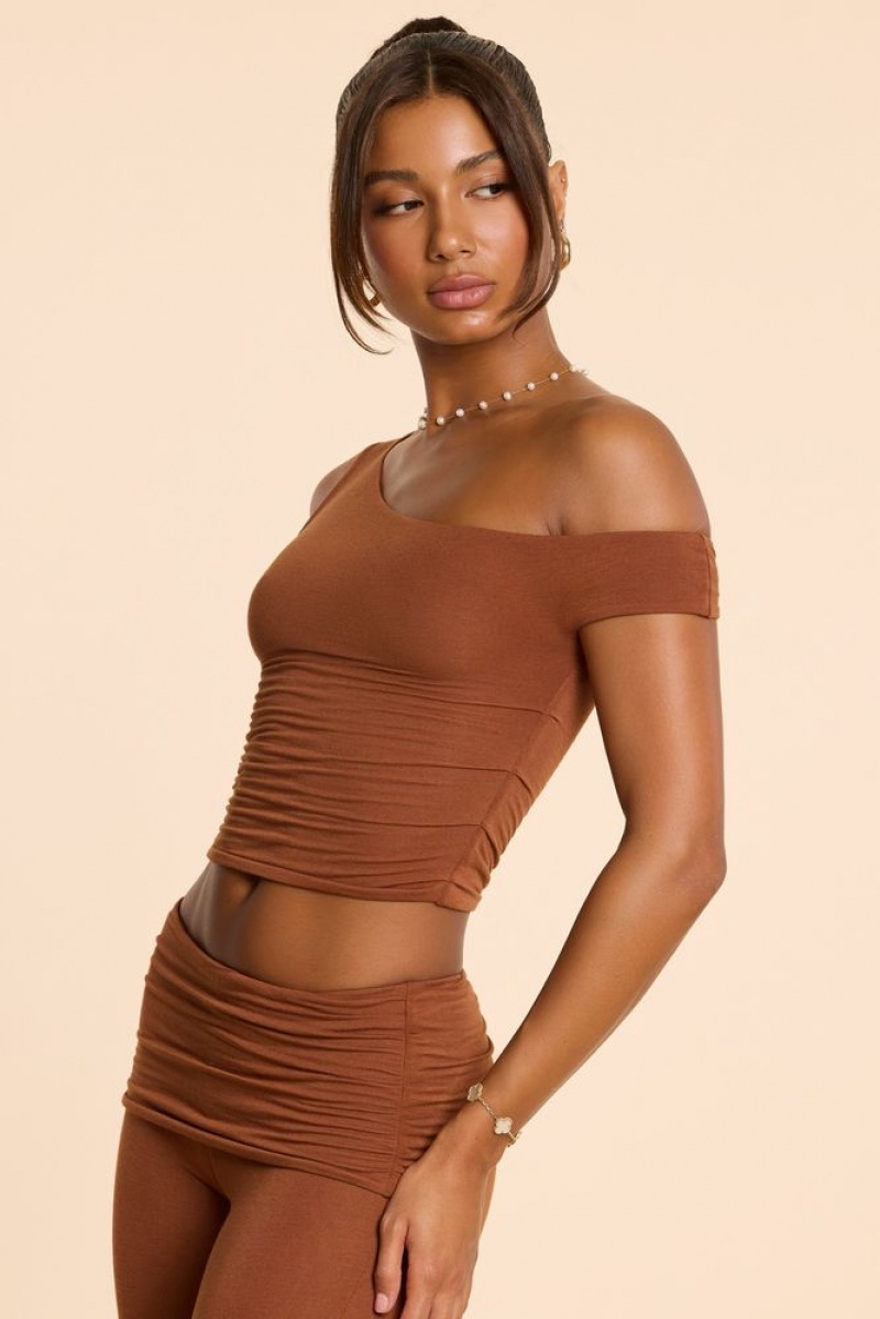 Oh Polly Lula Asymmetric Neck Ruched Modal Cashmere Blend Top Womens Tops Chestnut Brown | BAWL-04758