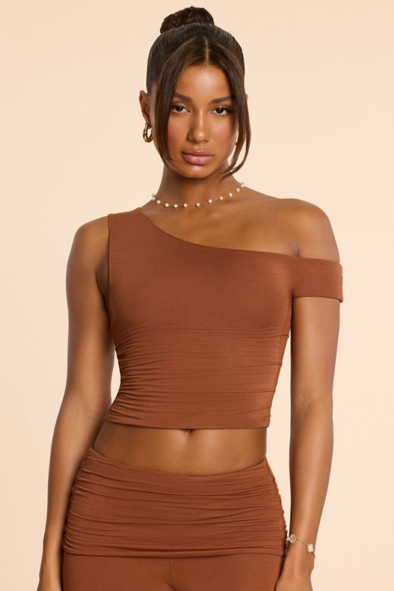 Oh Polly Lula Asymmetric Neck Ruched Modal Cashmere Blend Top Womens Tops Chestnut Brown | BAWL-04758