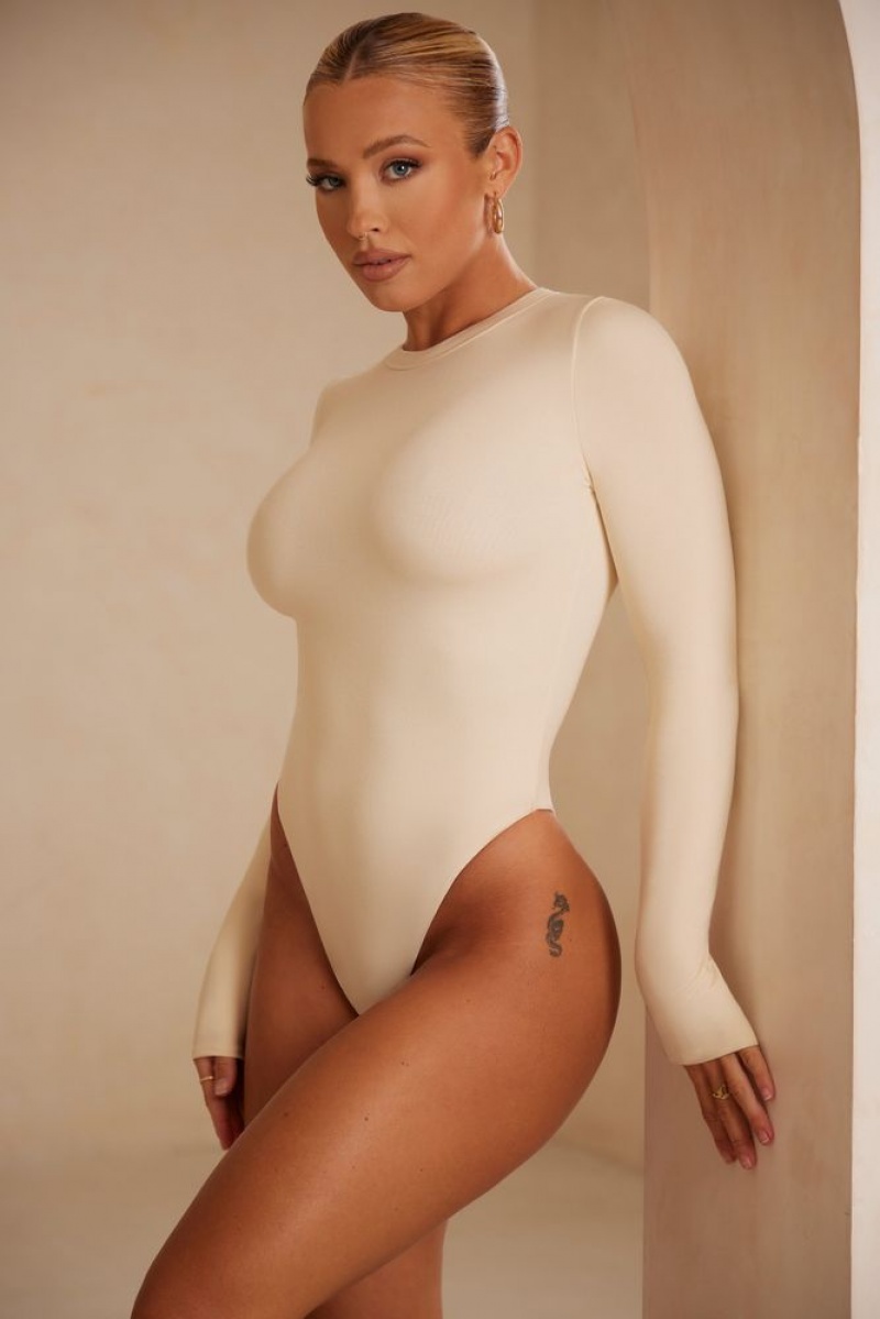 Oh Polly Lutana Crew Neck Long Sleeve Bodysuit Womens Tops Ivory | IZVH-40813