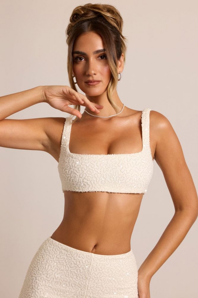 Oh Polly Lyon Embellished Square Neck Bralette Womens Tops White | MGLT-49071