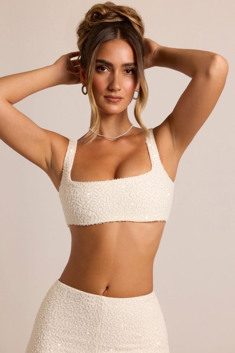 Oh Polly Lyon Embellished Square Neck Bralette Womens Tops White | MGLT-49071