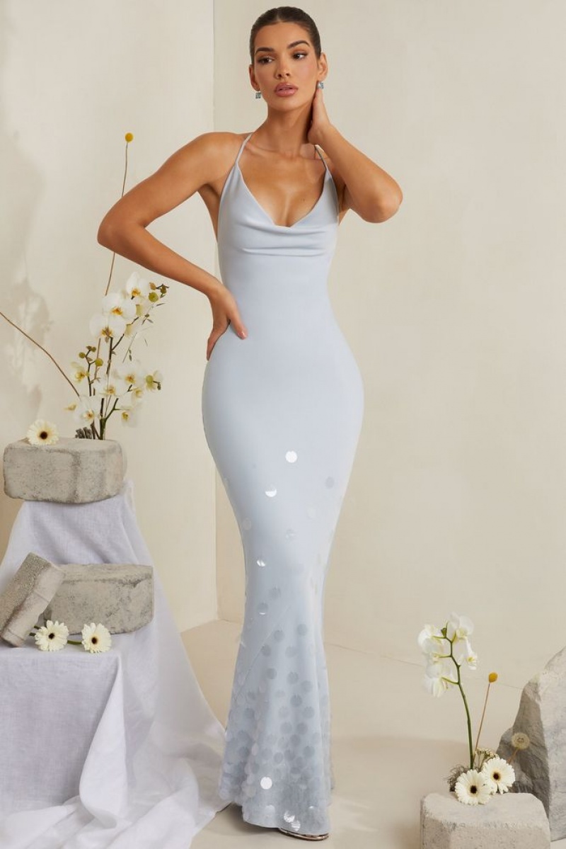 Oh Polly Magnolia Cowl Neck Embellished Satin Maxi Dress Maxi Dress Blue | KOPN-32854