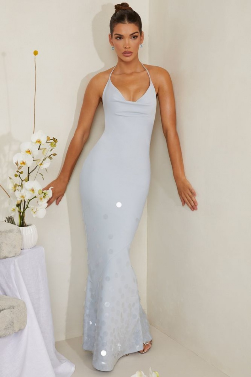 Oh Polly Magnolia Cowl Neck Embellished Satin Maxi Dress Maxi Dress Blue | KOPN-32854