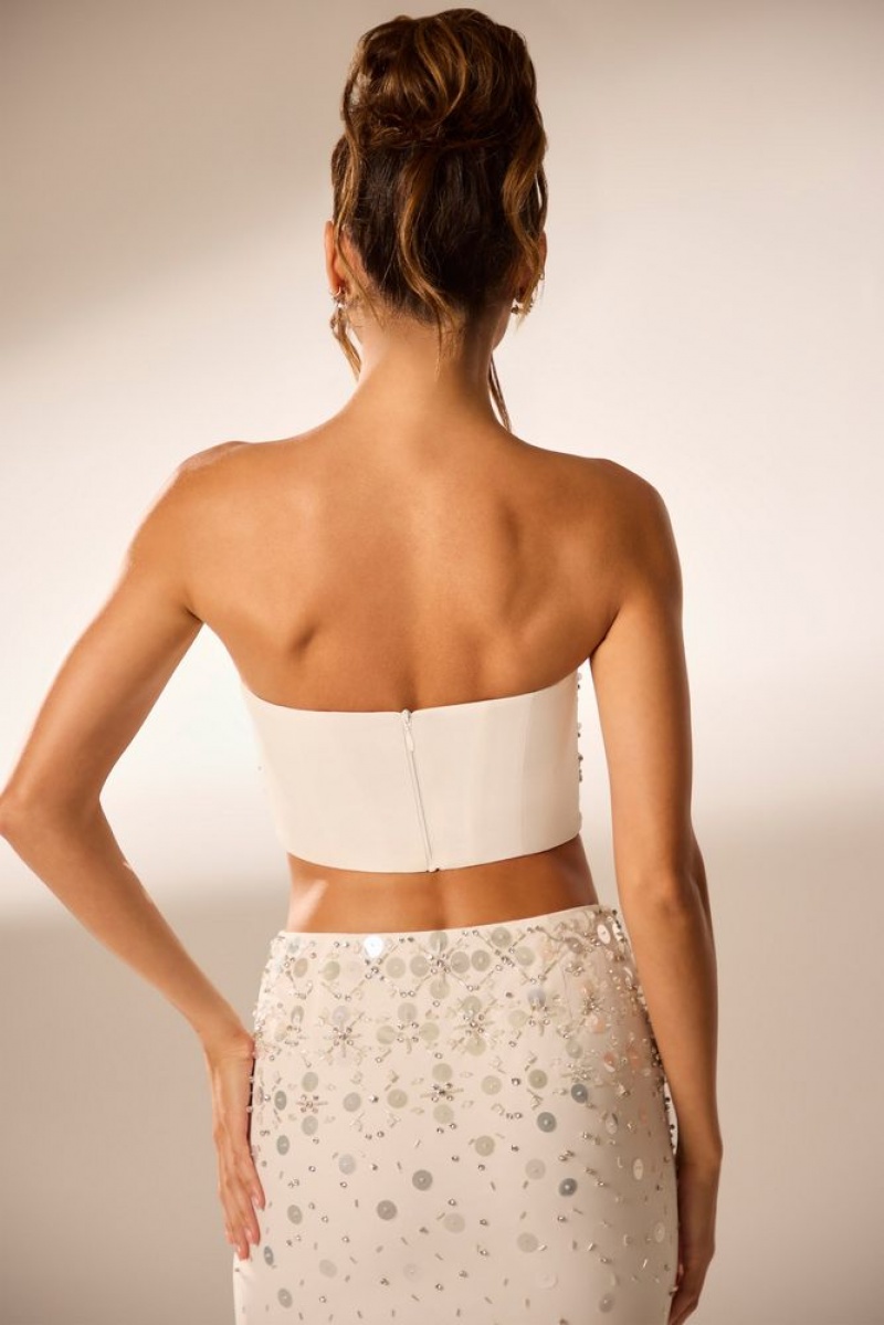 Oh Polly Maia Hand Embellished Bandeau Corset Crop Top Womens Tops Ivory | FMGR-15340