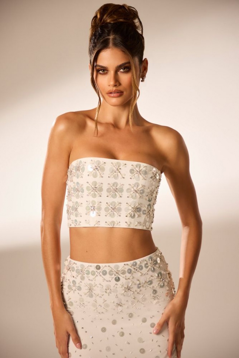 Oh Polly Maia Hand Embellished Bandeau Corset Crop Top Womens Tops Ivory | FMGR-15340