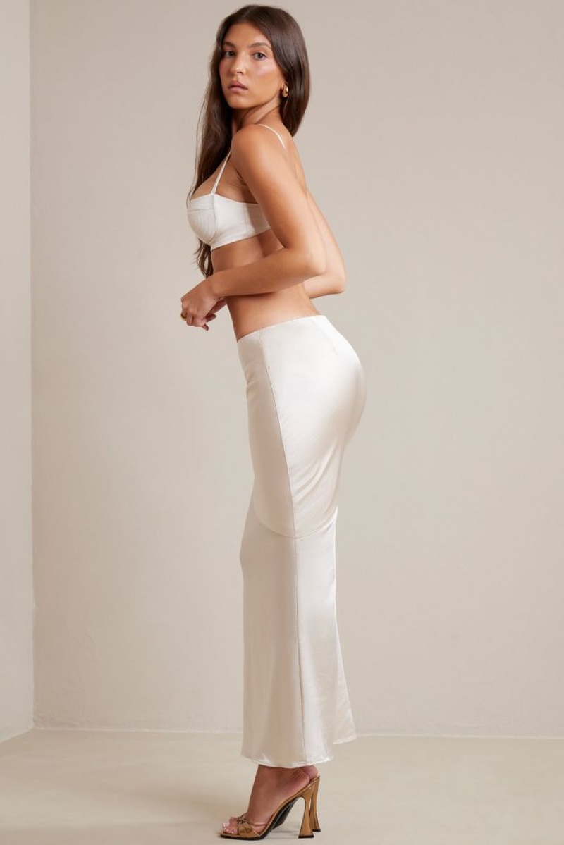 Oh Polly Marisol Bias Cut Satin Maxi Skirt Skirts Ivory | BHDA-13694