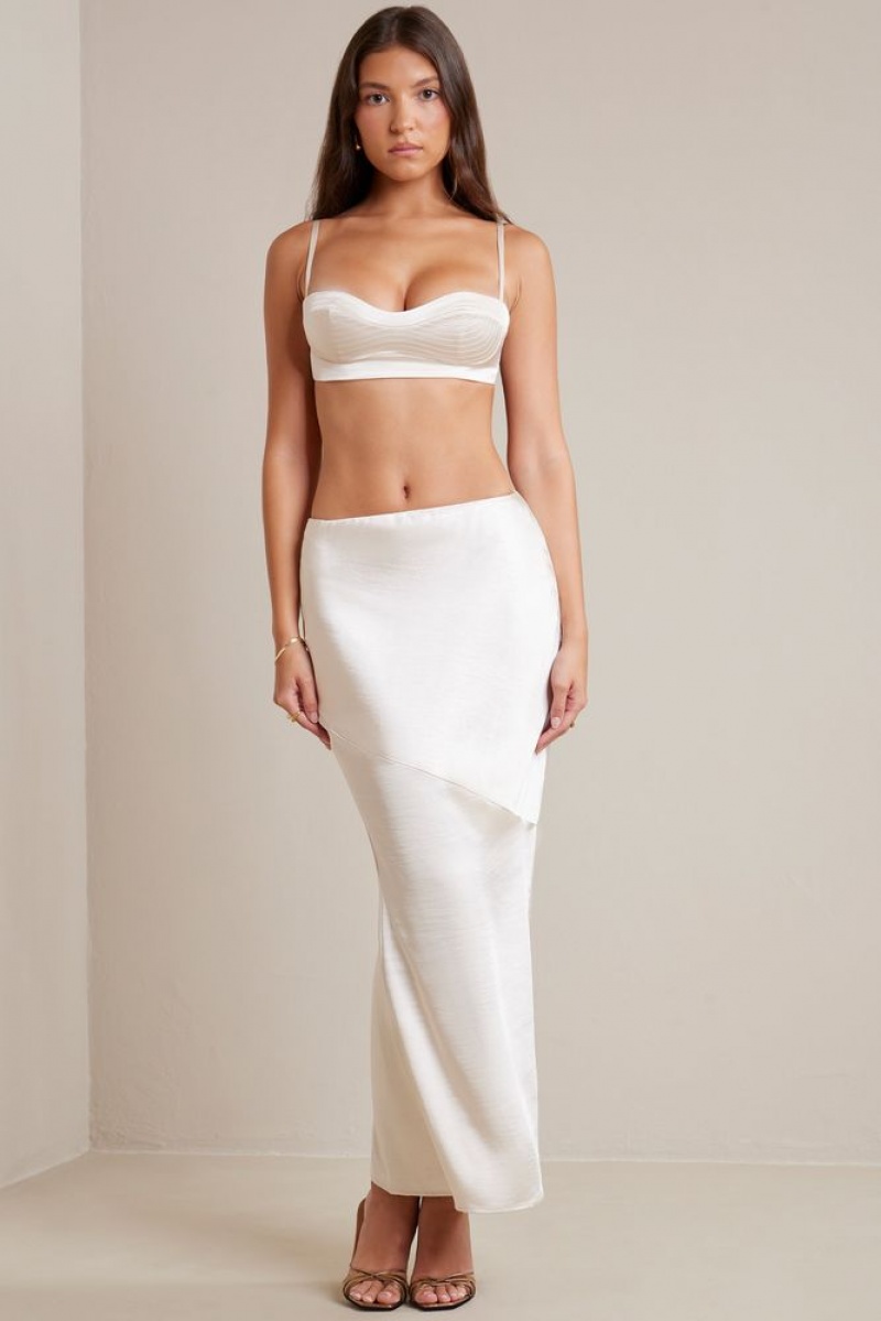 Oh Polly Marisol Bias Cut Satin Maxi Skirt Skirts Ivory | BHDA-13694