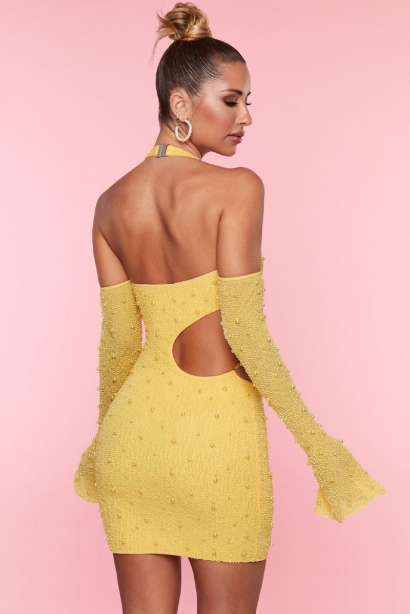 Oh Polly Marseilles Embellished Cold Shoulder Cut Out Mini Dress Mini Dress Yellow | BQDL-61750