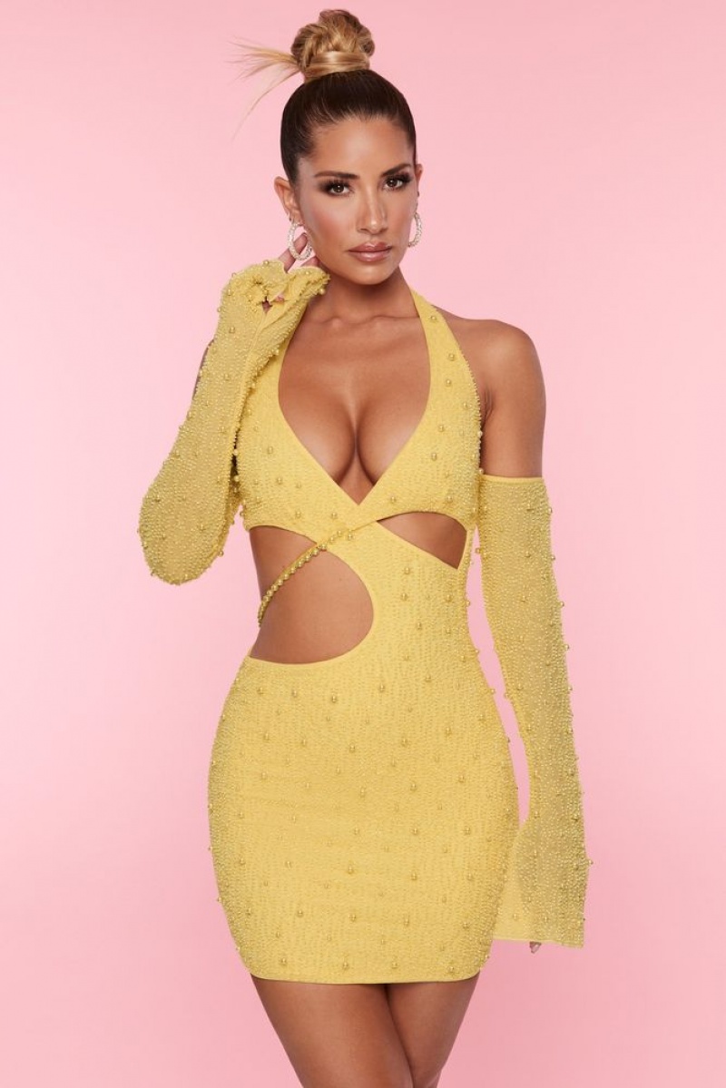 Oh Polly Marseilles Embellished Cold Shoulder Cut Out Mini Dress Mini Dress Yellow | BQDL-61750