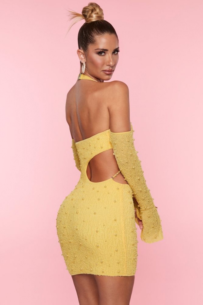 Oh Polly Marseilles Embellished Cold Shoulder Cut Out Mini Dress Mini Dress Yellow | BQDL-61750