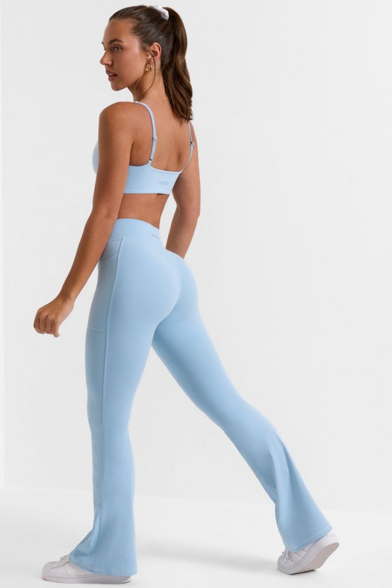 Oh Polly Match Cross Waistband Flare Pocket Leggings Gym Leggings Ice Blue | MZHK-71289