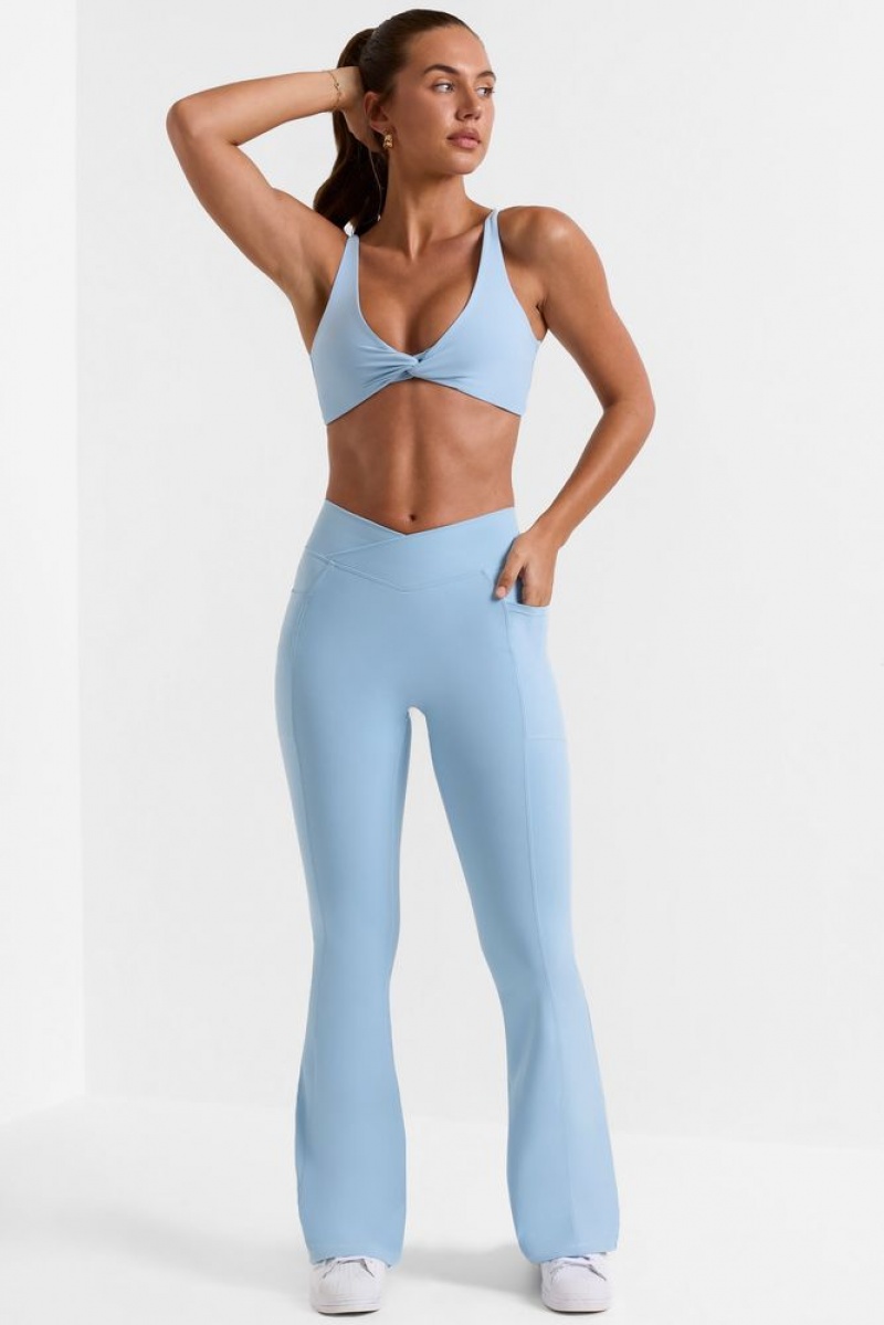 Oh Polly Match Cross Waistband Flare Pocket Leggings Gym Leggings Ice Blue | MZHK-71289